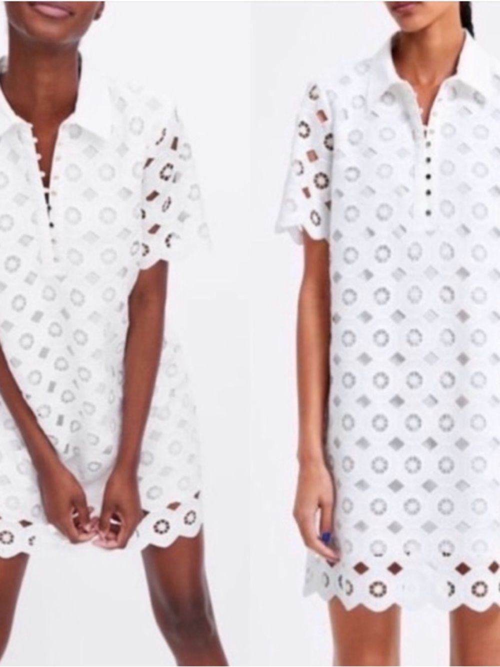 Zara White Eyelet Button-Front Short Collared Dress